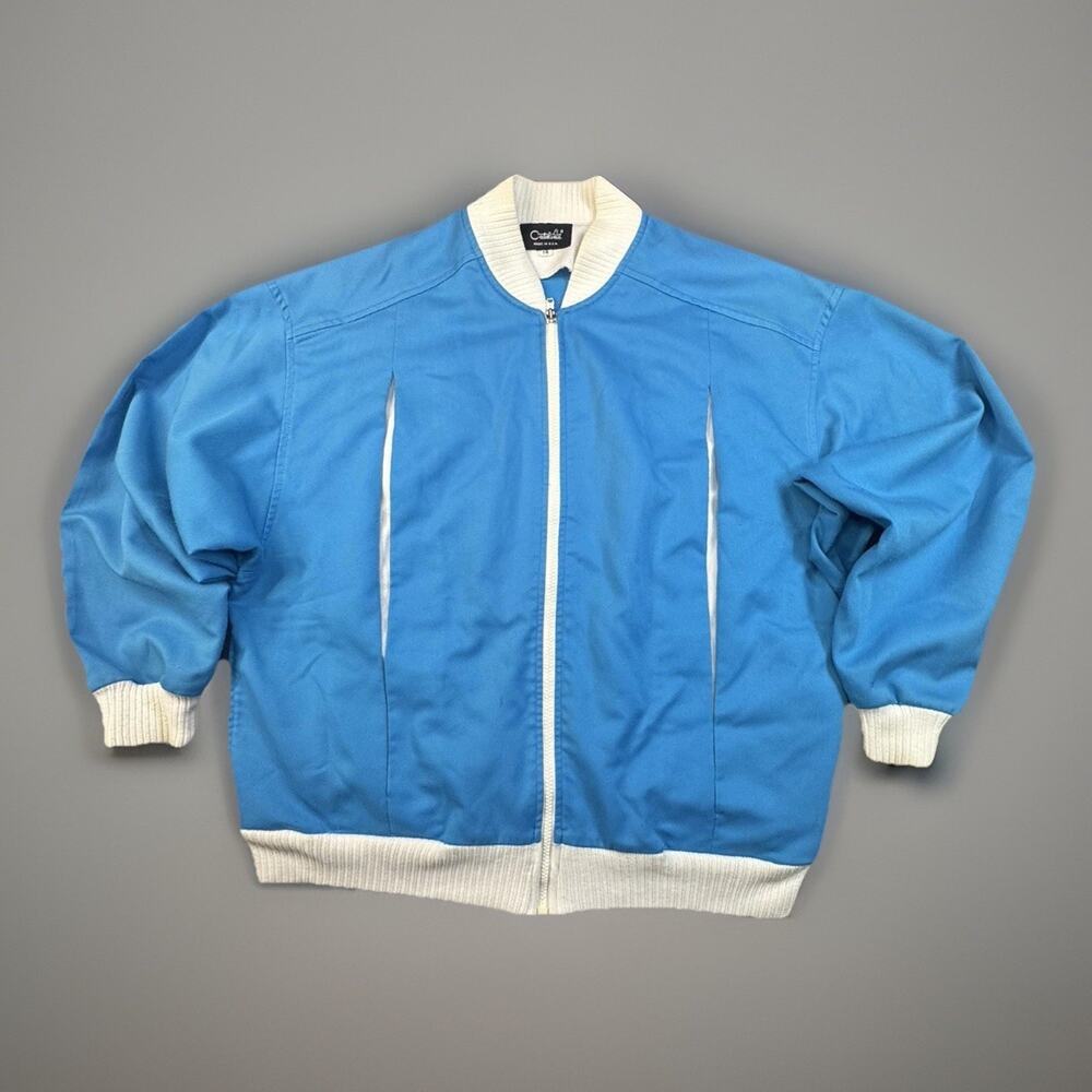 Catalina Vintage Bomber Jacket Blue Zip Up Knit Trim USA Mens L -443